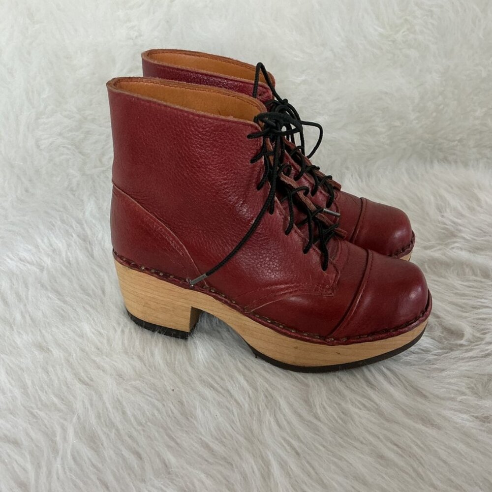 Multnomah Leather Shop Red Brown Lace Up Wood Sole Clog Cap Toe Boots 2 1/2 US 6